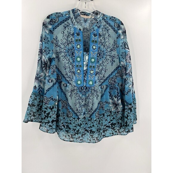 Soft Surroundings Oasis Tunic Embroidered Floral Blouse Blue Sheer XSMALL EUC - Picture 1 of 14